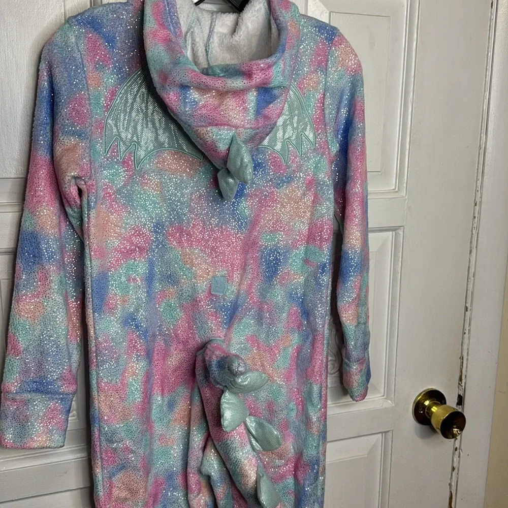 Justice Girls Tie Dye Sparkly Dragon Hooded Pajamas With Removable Tail 8